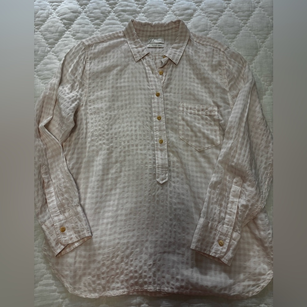 J. Crew women’s pink and white check popover blouse